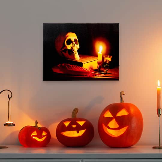 LED Lighted Skull by Flickering Candlelight Halloween Canvas Wall Art 12in x 15.75in, One Size, Orange
